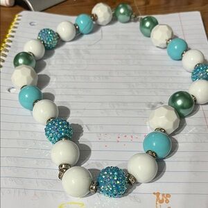 Elegant Beaded Necklace in White, Blue, and Green